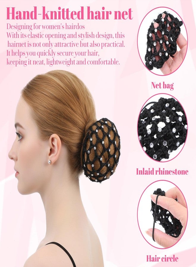 Alrhso 4 Pcs Hair Nets for Buns with Rhinestones, Elastic Women Hair Nets Handmade Crochet Bun Net for Ballet, Gymnastics, Figure Skating, Dancer (Black, Purple, Pink, Navy Blue) - Image 4